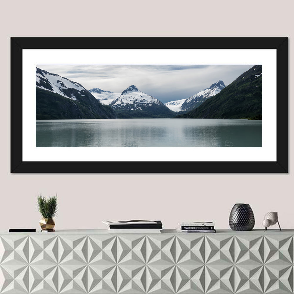 Glacial Mountain Lake Reflection Wall Art in a room, panoramic