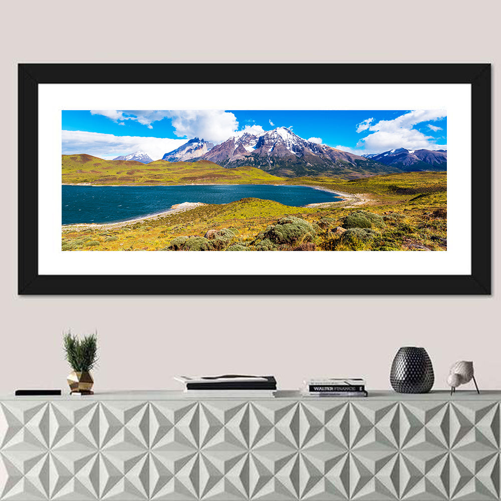 Lake Pehoe Wall Art in a room, panoramic
