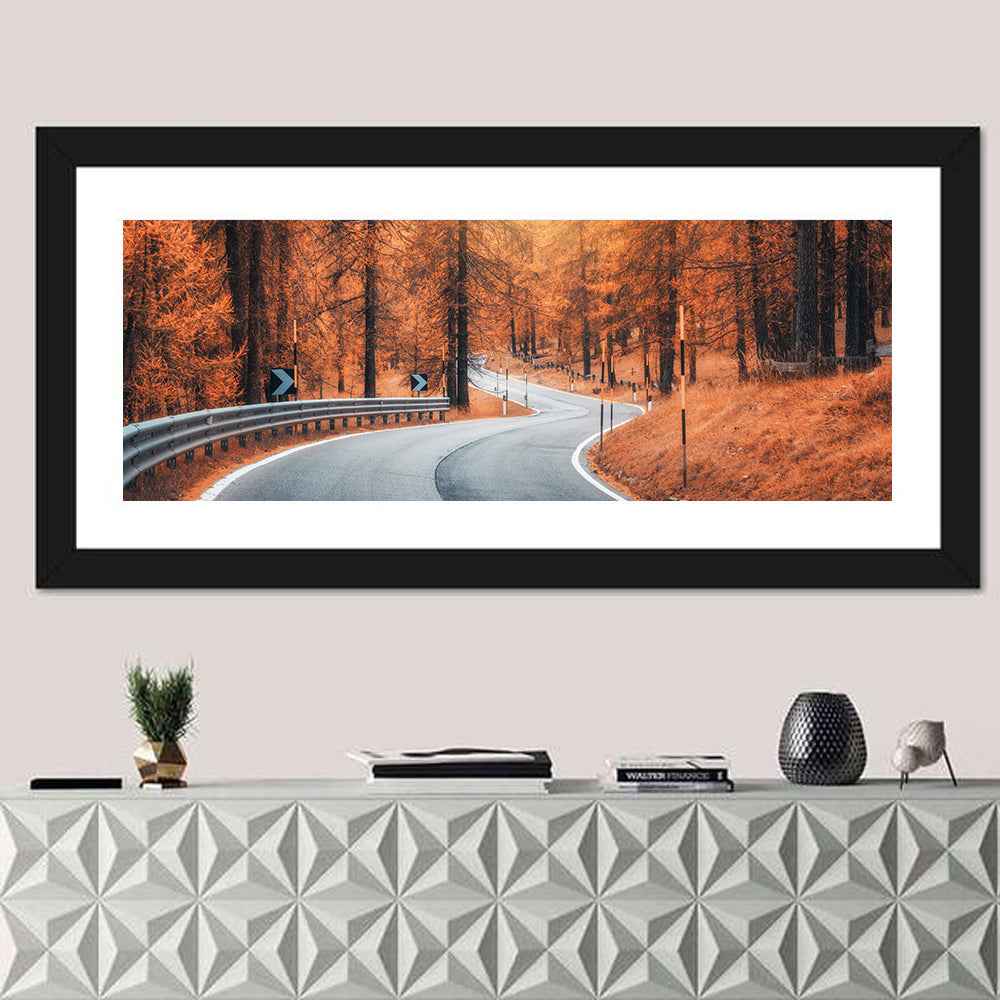 Autumn Road at Sunset Wall Art in a room, panoramic