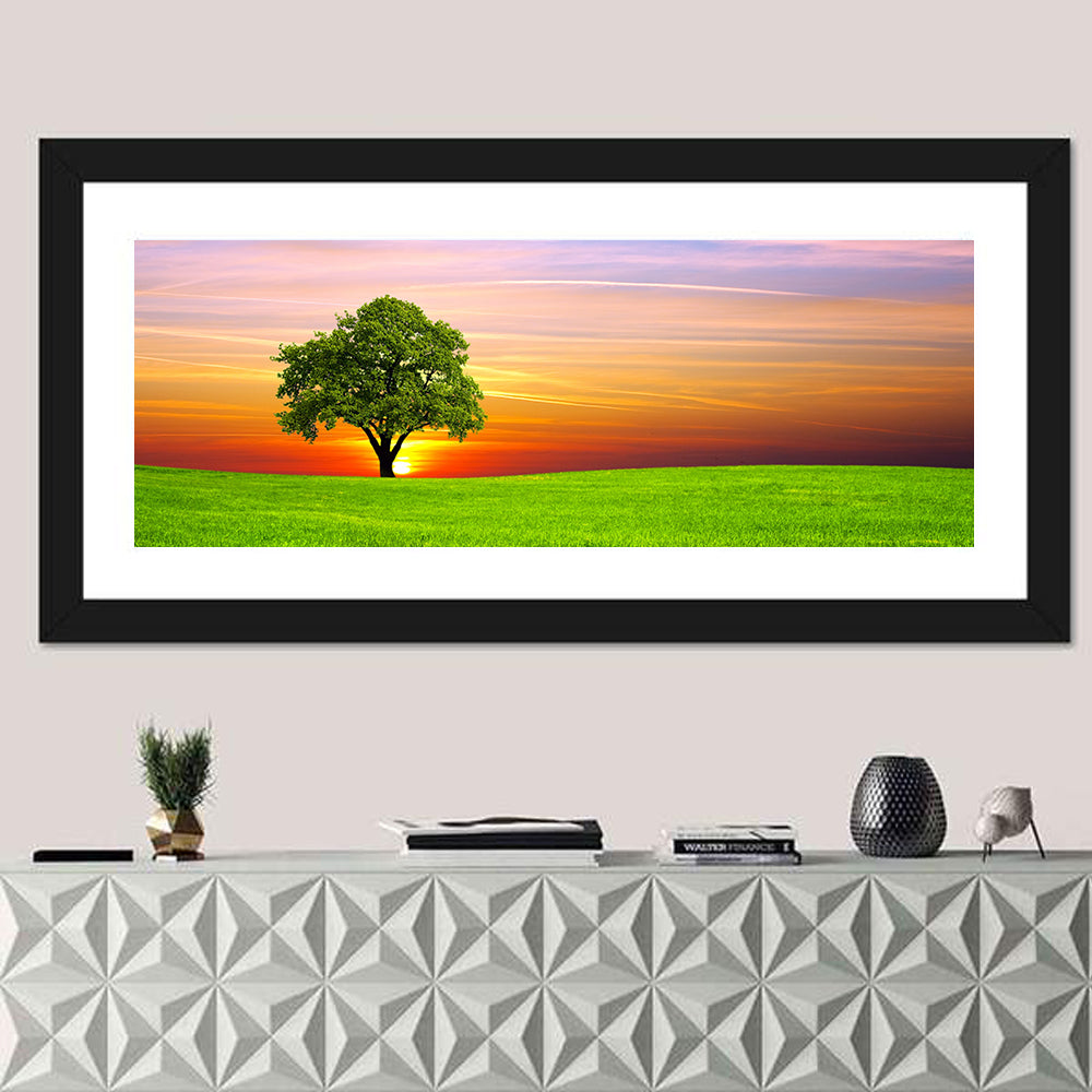 Lone Tree at Sunset Wall Art in a room, panoramic