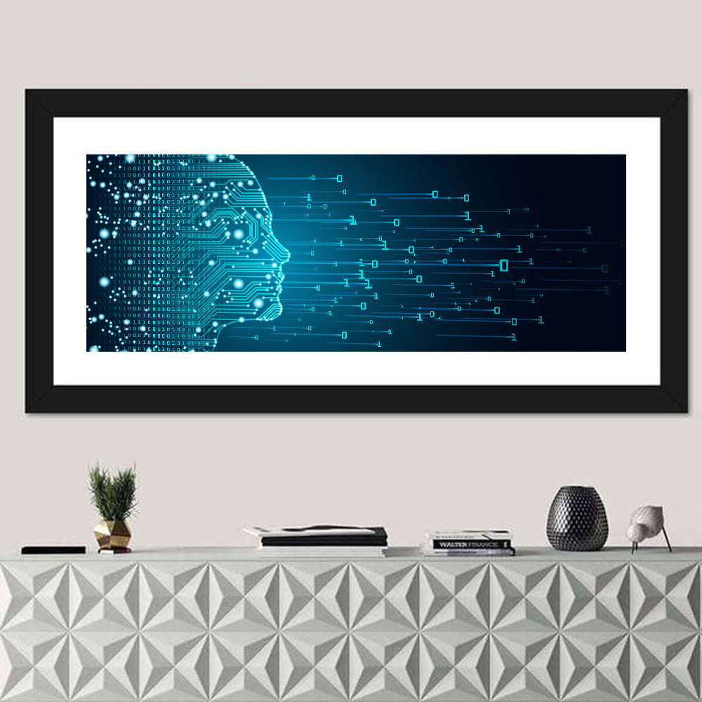 Blue Ai Head Profile Wall Art in a room, panoramic