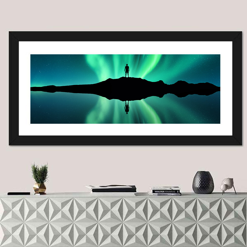 Northern Lights Over Mountain Lake, Norway Wall Art in a room, panoramic