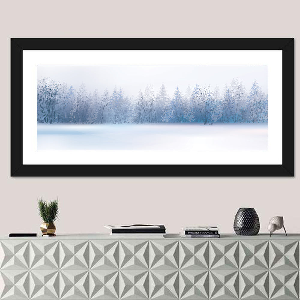Frosted Winter Forest Wall Art in a room, panoramic