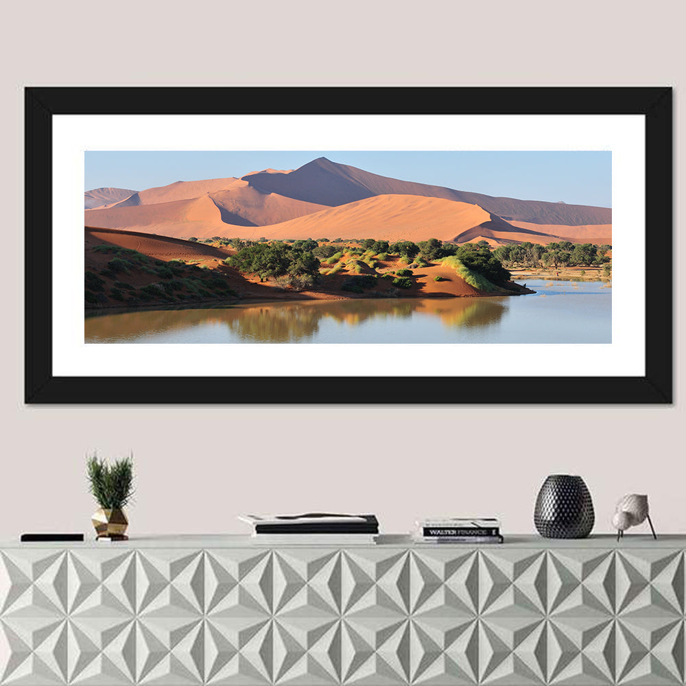 Flooded Sossusvlei Reflection Wall Art in a room, panoramic