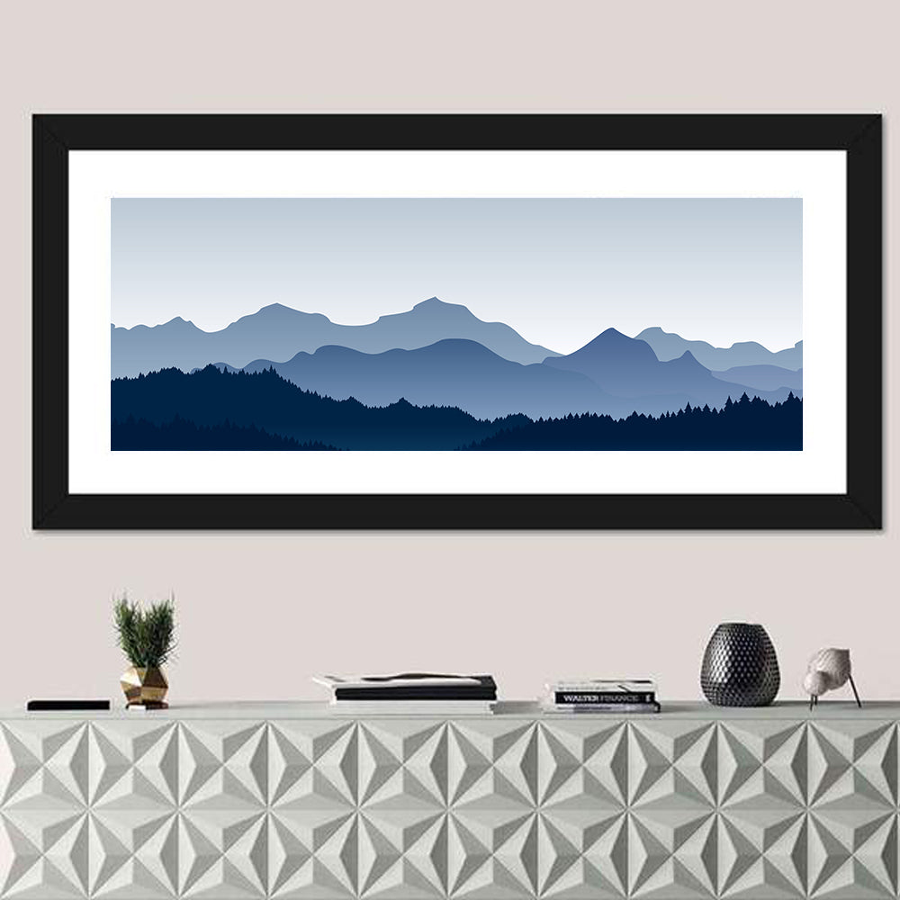 Blue Morning Mountains Wall Art in a room, panoramic