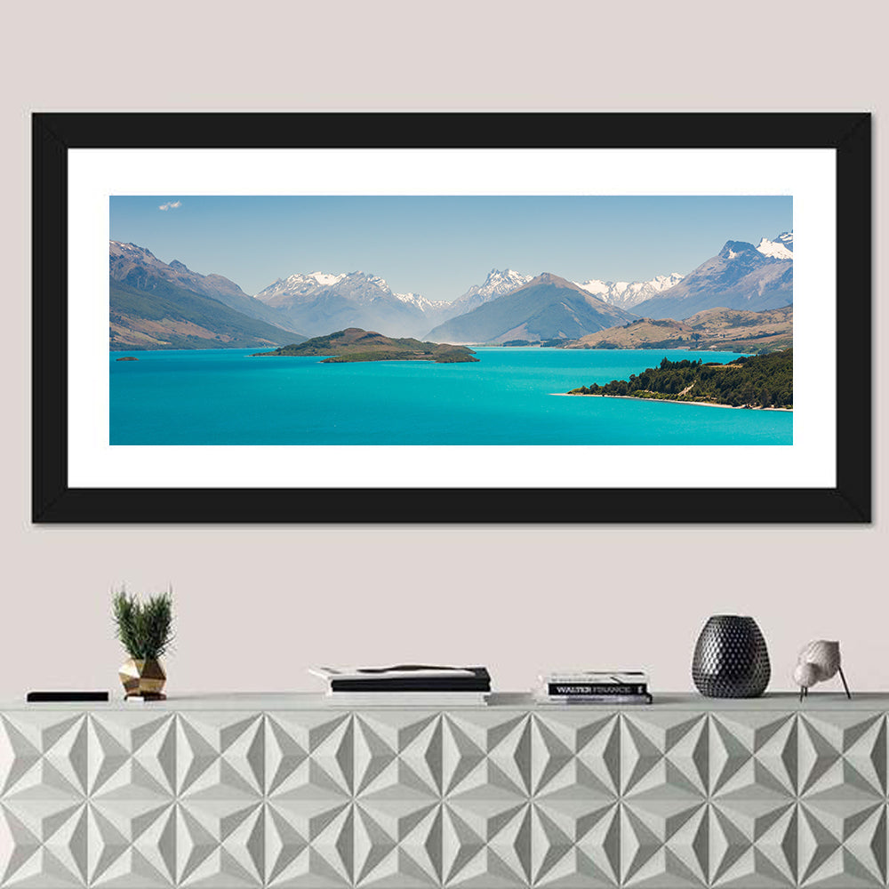 Wakatiup Lake Turquoise Waters New Zealand Wall Art in a room, panoramic