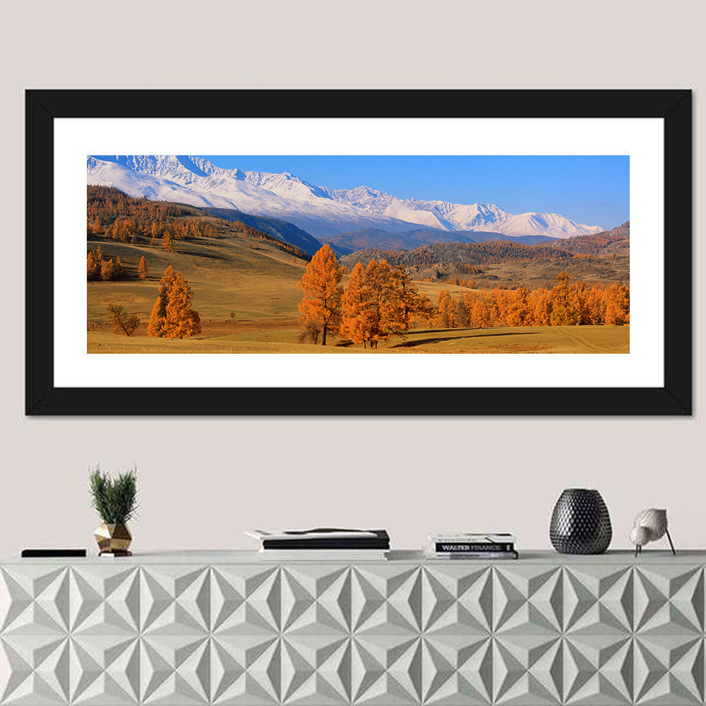 Altay Mountains with Golden Larches Wall Art in a room, panoramic
