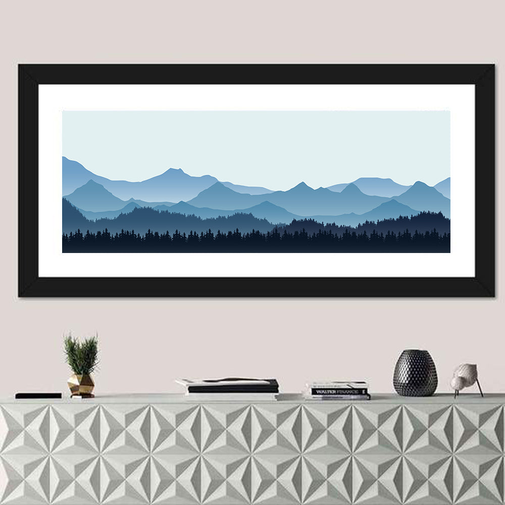 Layered Blue Mountain Range Wall Art in a room, panoramic