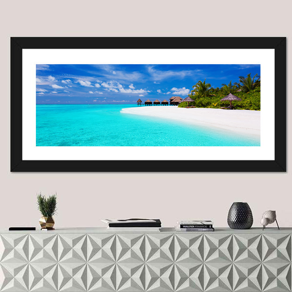 Turquoise Island with Water Bungalows Wall Art in a room, panoramic