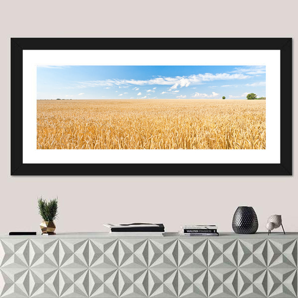 Golden Wheat Field with Blue Sky Wall Art in a room, panoramic