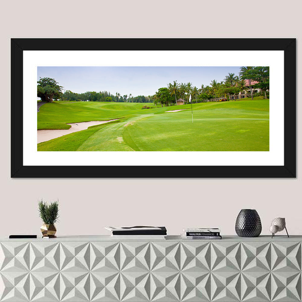 Sunny Putting Green with Palm Trees Wall Art in a room, panoramic