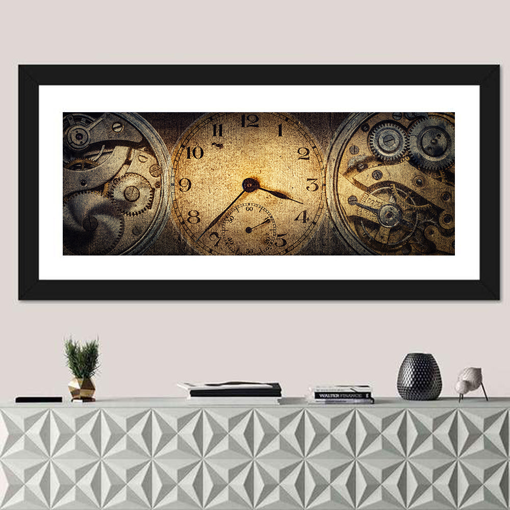 Antique Pocket Watch Mechanism Wall Art in a room, panoramic