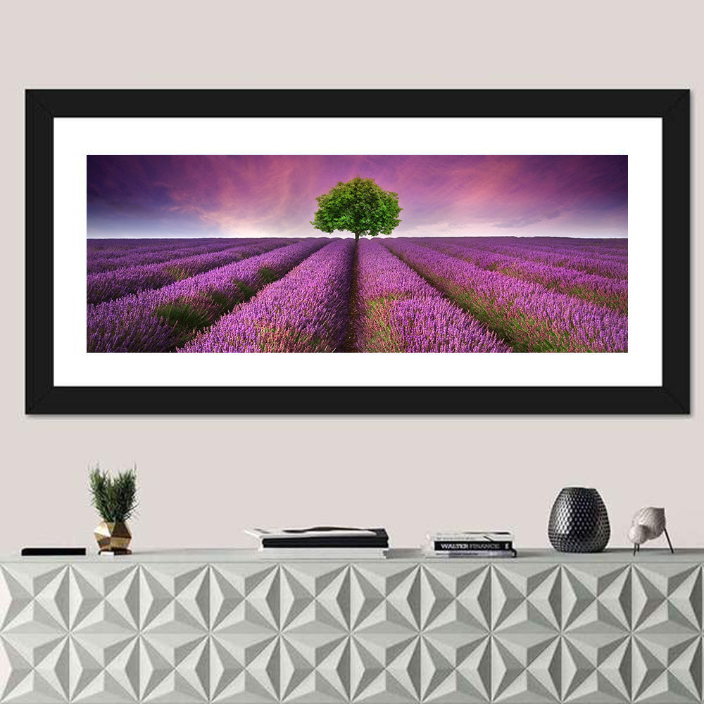 Lavender Field at Sunset Wall Art in a room, panoramic