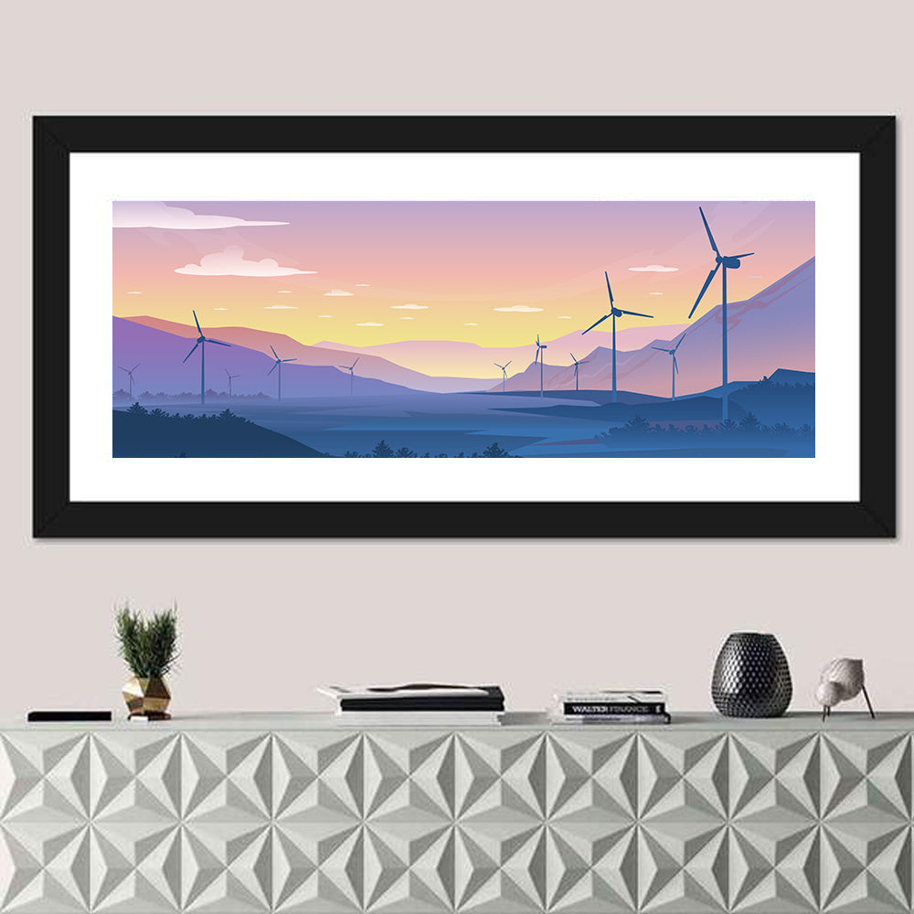 Dusk Wind Turbine Silhouettes Wall Art in a room, panoramic