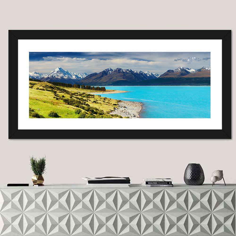 Mount Cook Over Lake Pukaki Wall Art in a room, panoramic