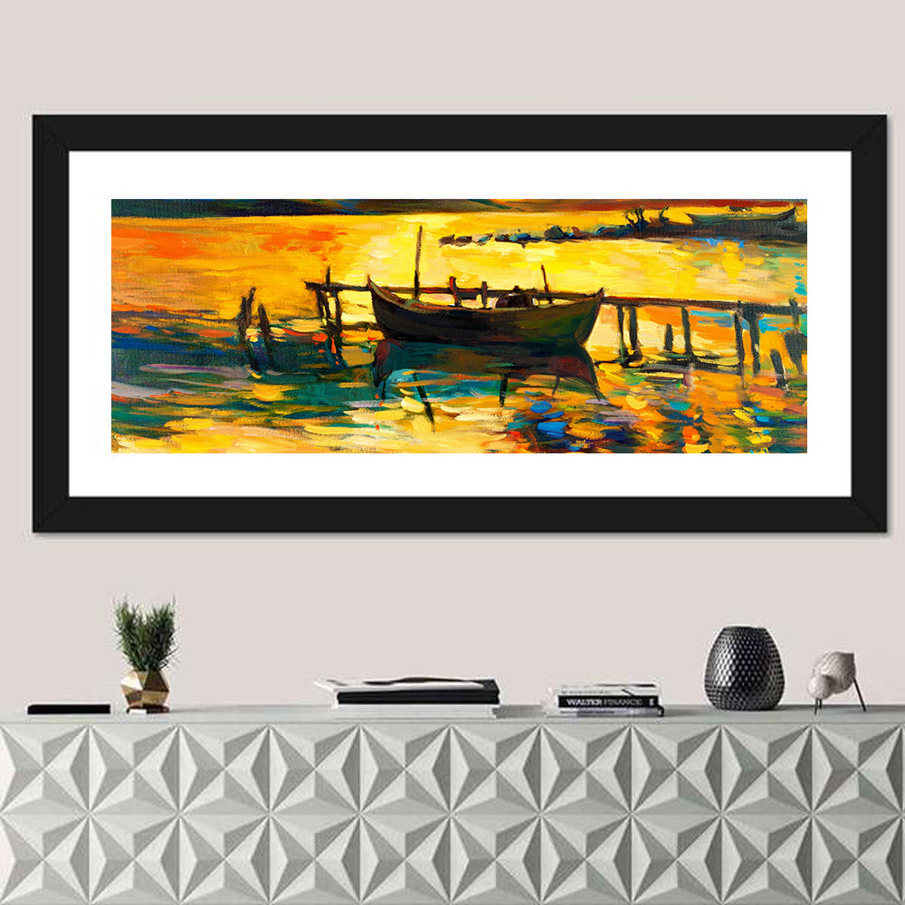 Sunset Boat at Jetty Oil Painting Wall Art