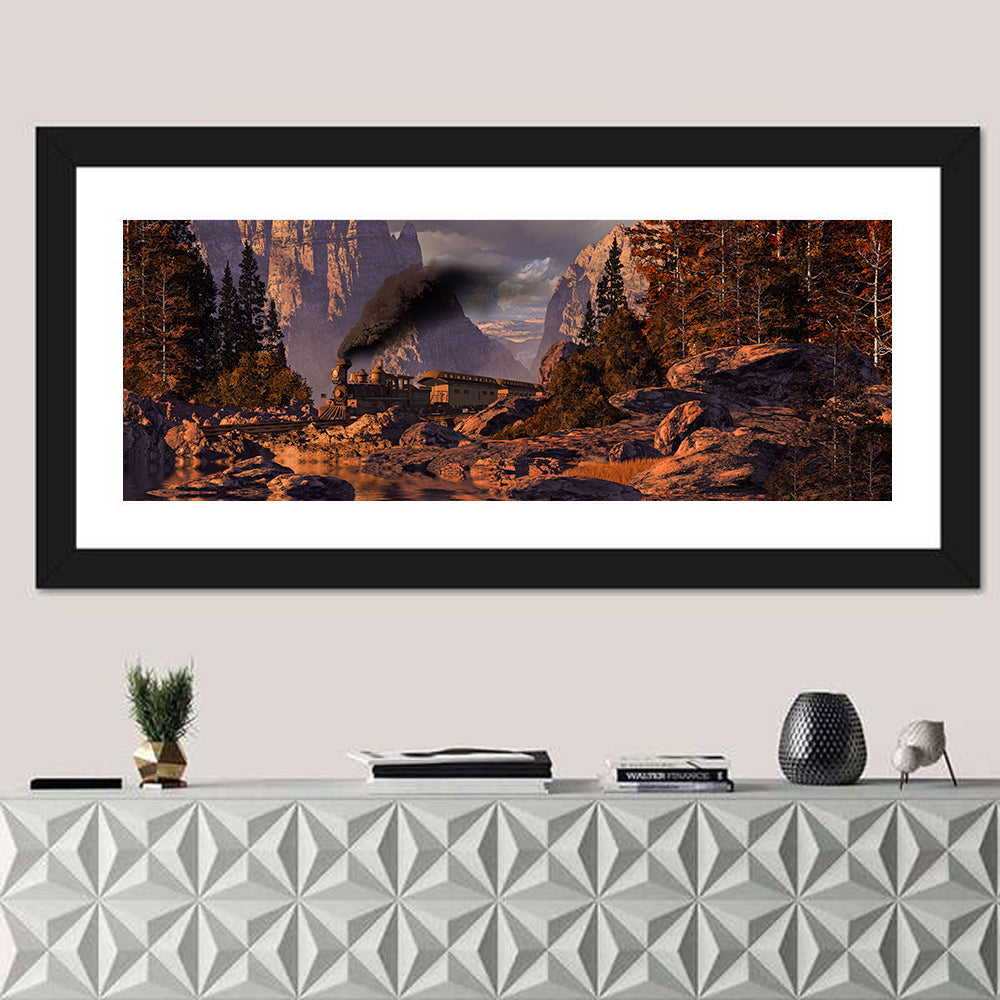 Old West Steam Locomotive Wall Art in a room, panoramic