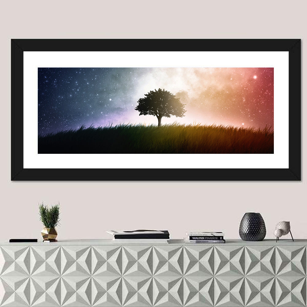 Tree Silhouette Under Nebula Sky Wall Art in a room, panoramic
