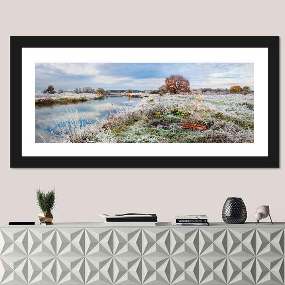 Frosted Autumn River Landscape Wall Art in a room, panoramic