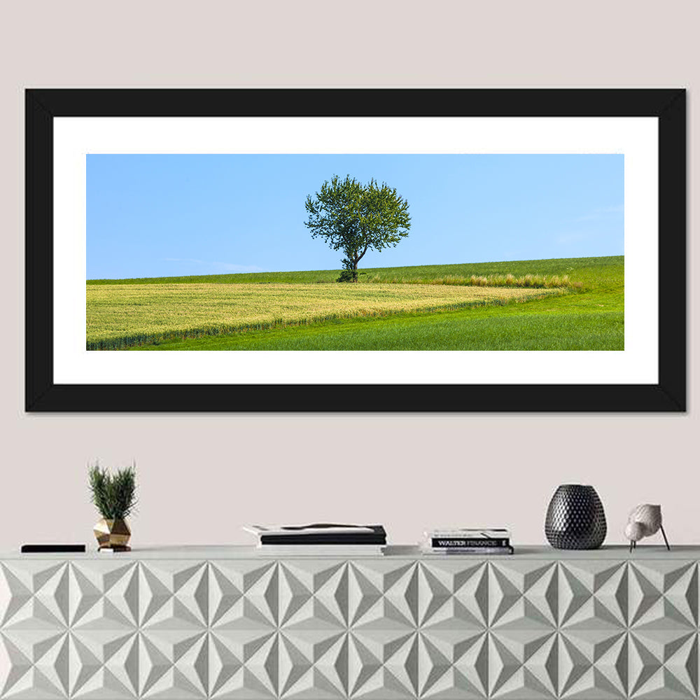 Solitary Tree on Rolling Meadow Wall Art in a room, panoramic