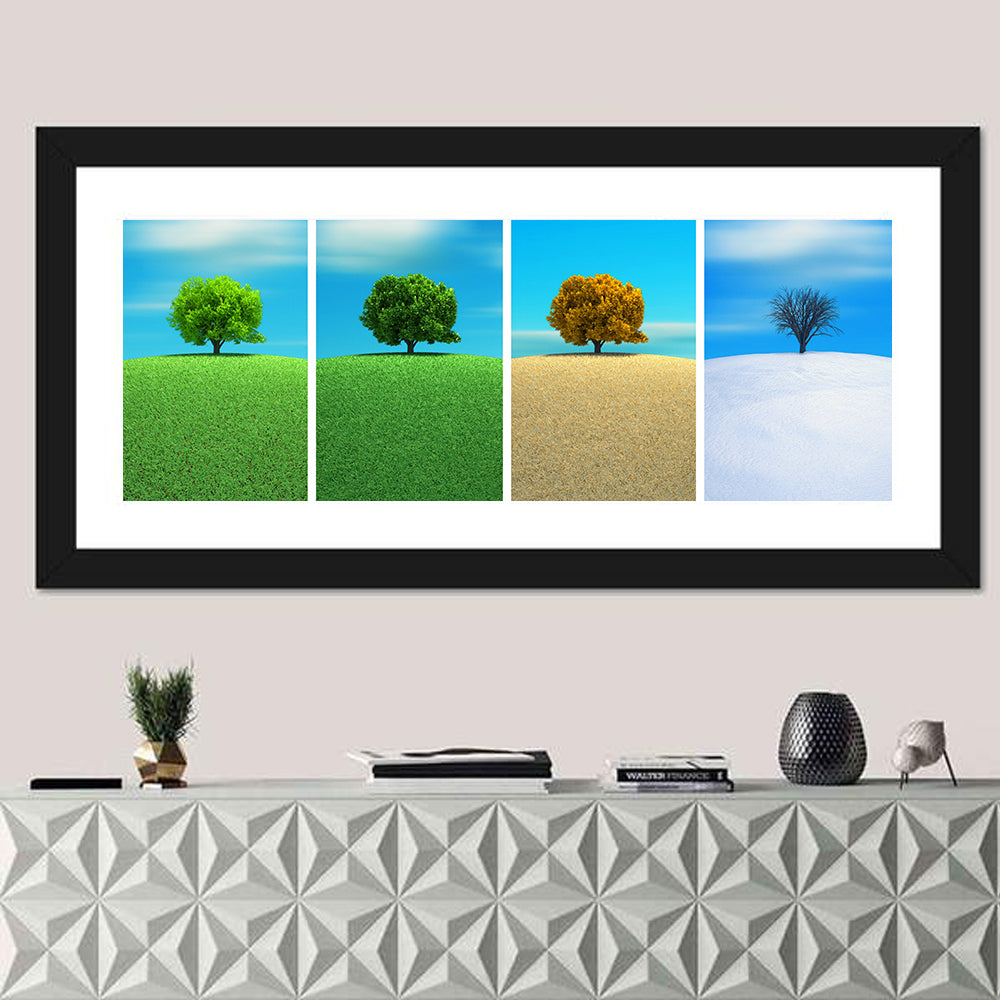 One Tree, Four Seasons Wall Art in a room, panoramic