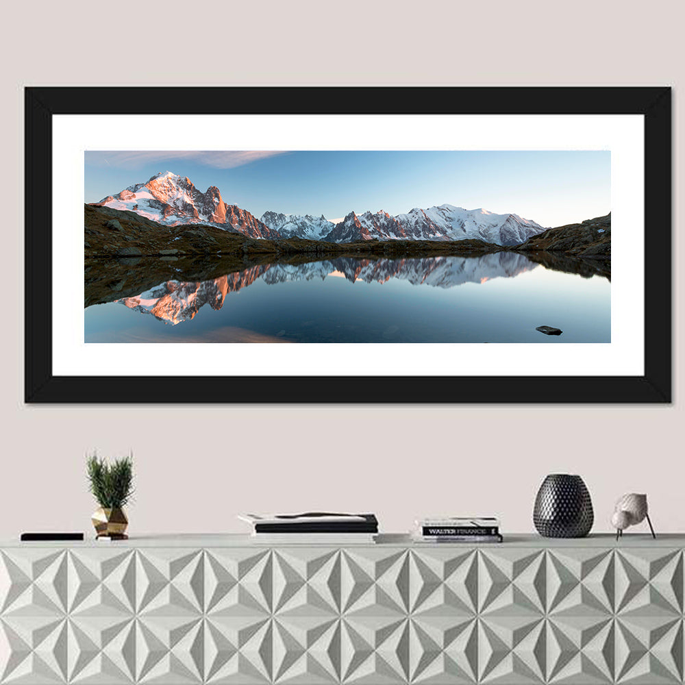Lac De Chésserys Reflection, Chamonix Wall Art in a room, panoramic