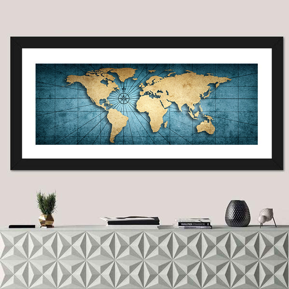 Vintage Nautical World Map Wall Art in a room, panoramic