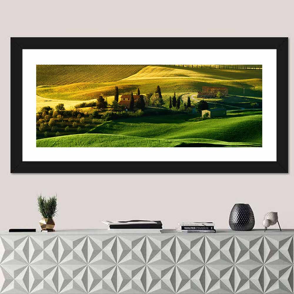 Tuscany Fields at Golden Hour Wall Art in a room, panoramic