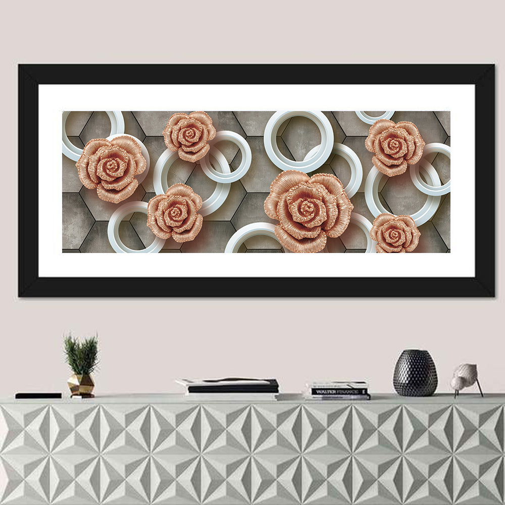 3d Rose Rings in Copper and Gold Wall Art in a room, panoramic