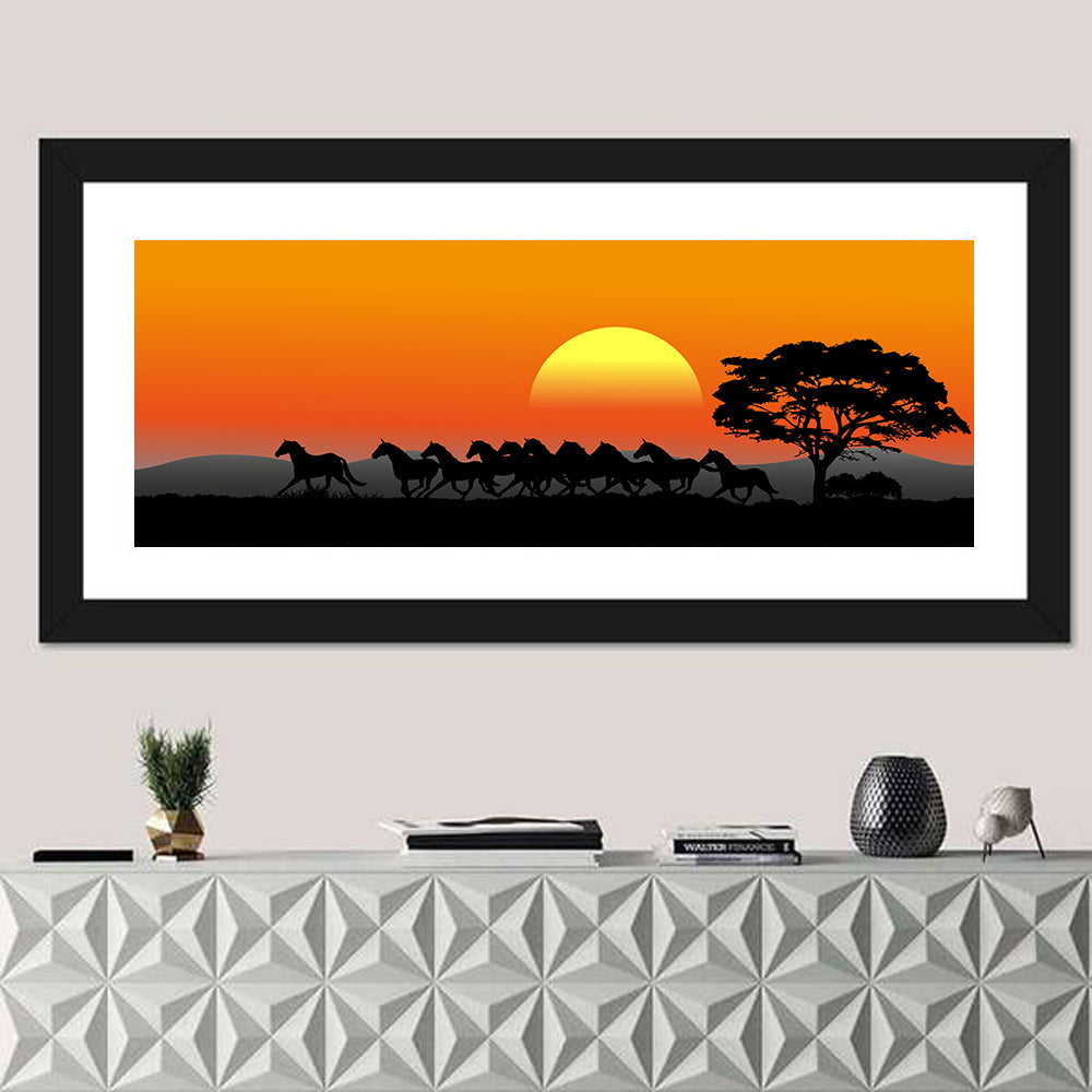 Herd of Horses at Sunset Wall Art in a room, panoramic