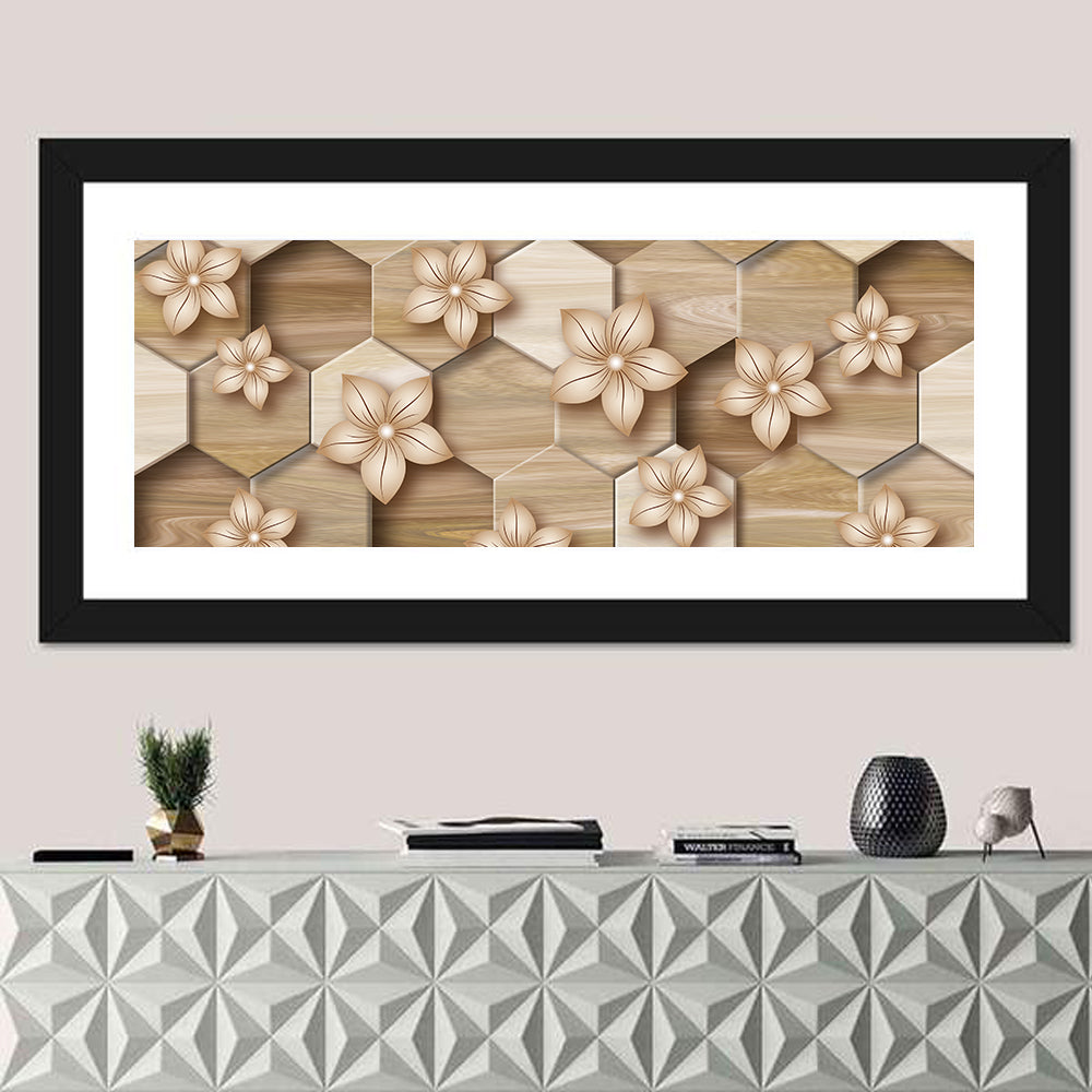 Wood Grain Honeycomb Floral Wall Art in a room, panoramic