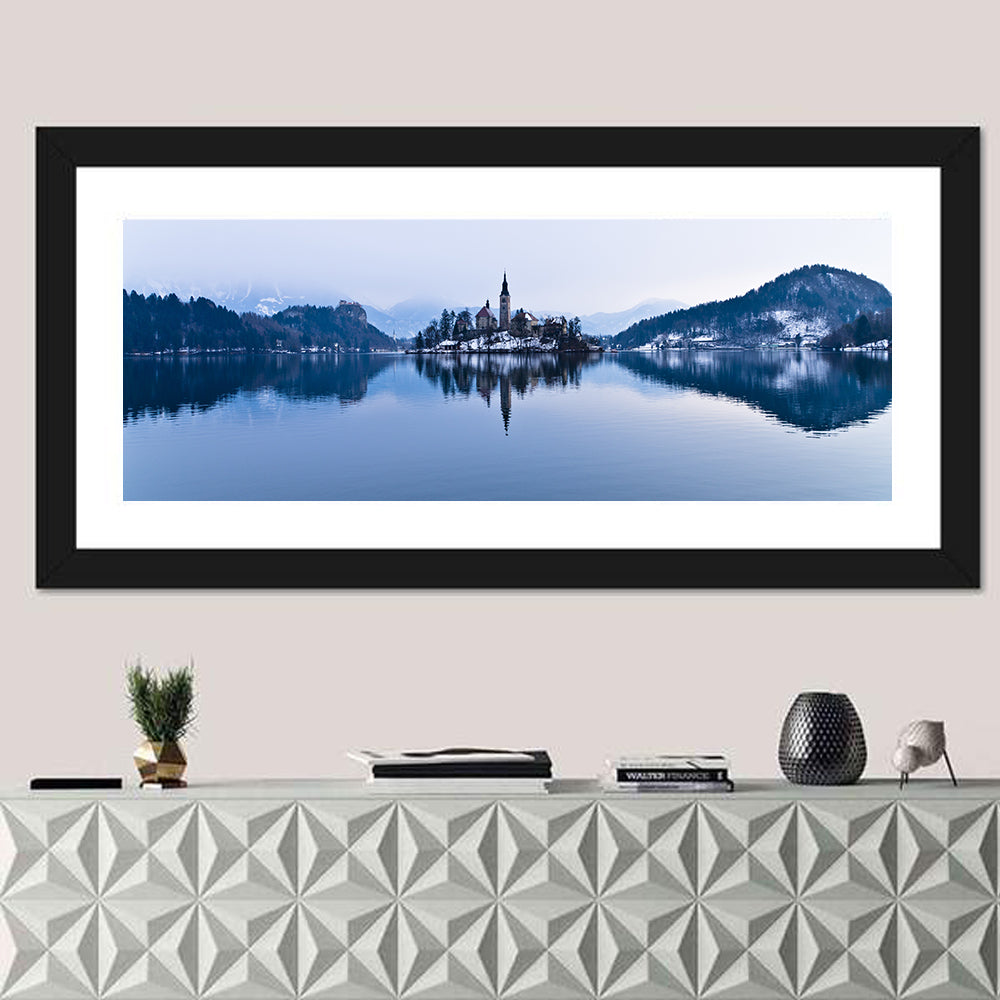 Bled Island Church in Winter Wall Art in a room, panoramic