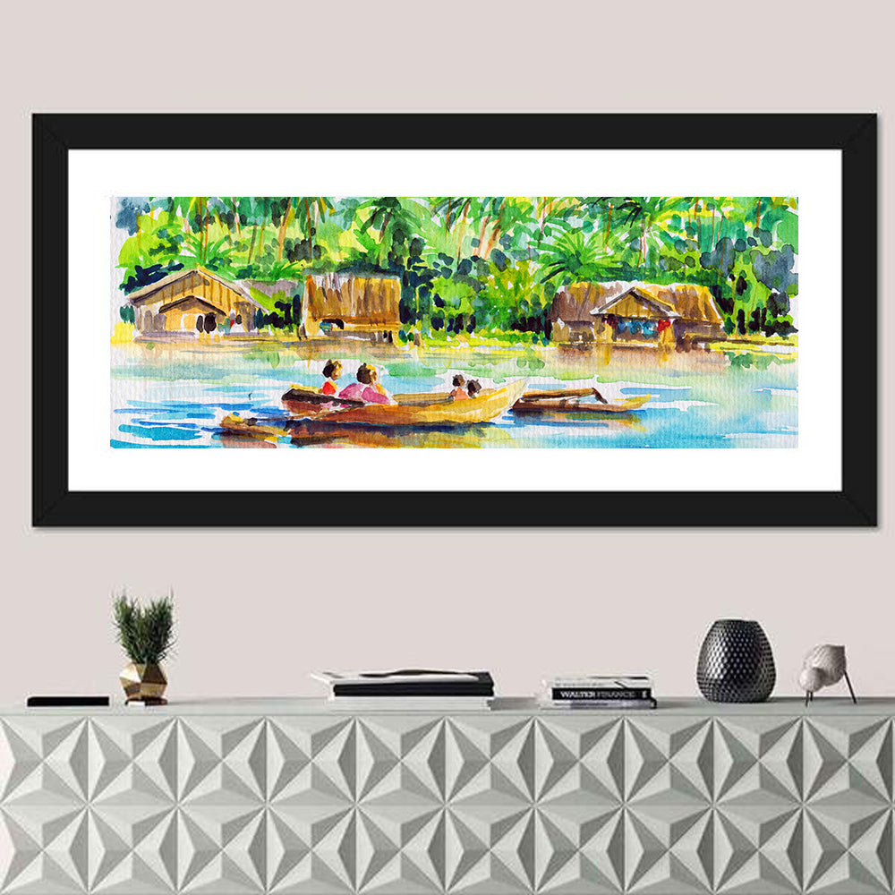 Boat in Tropical Village Wall Art in a room, panoramic