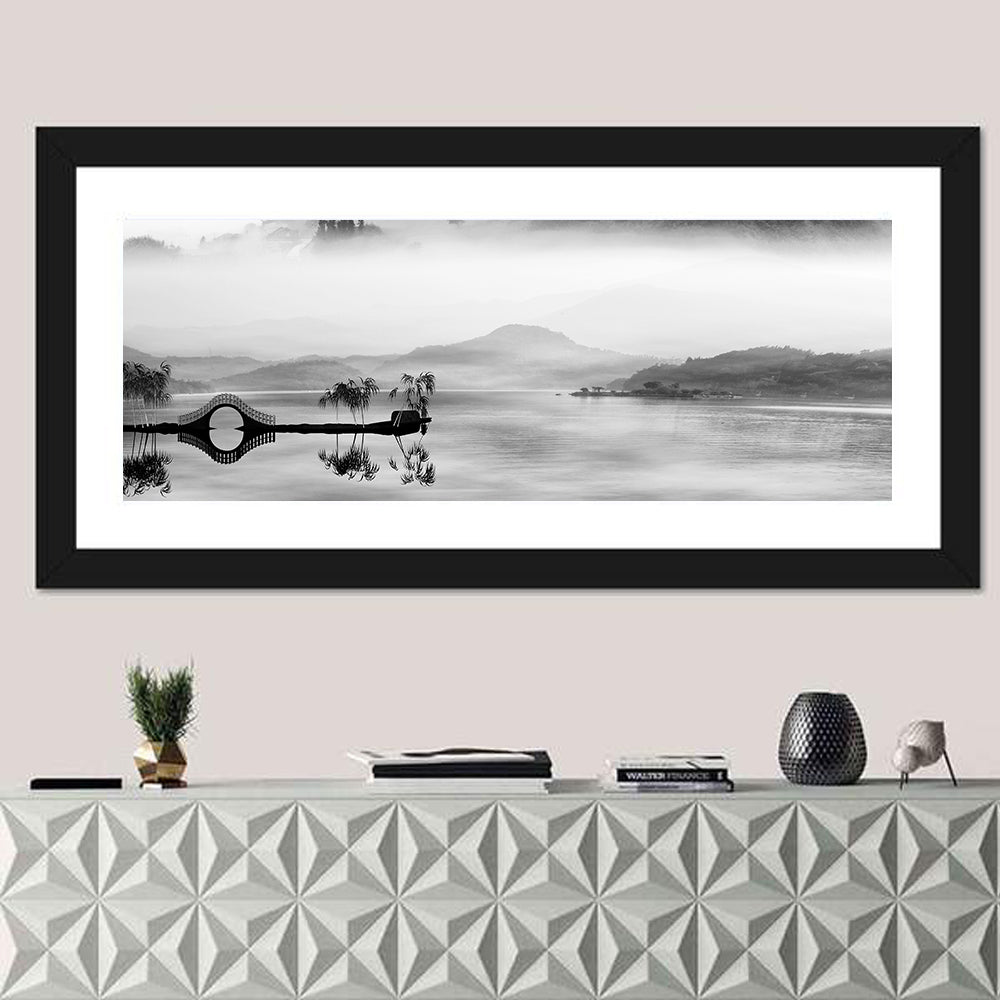 Misty Chinese Lake with Bridge Wall Art
