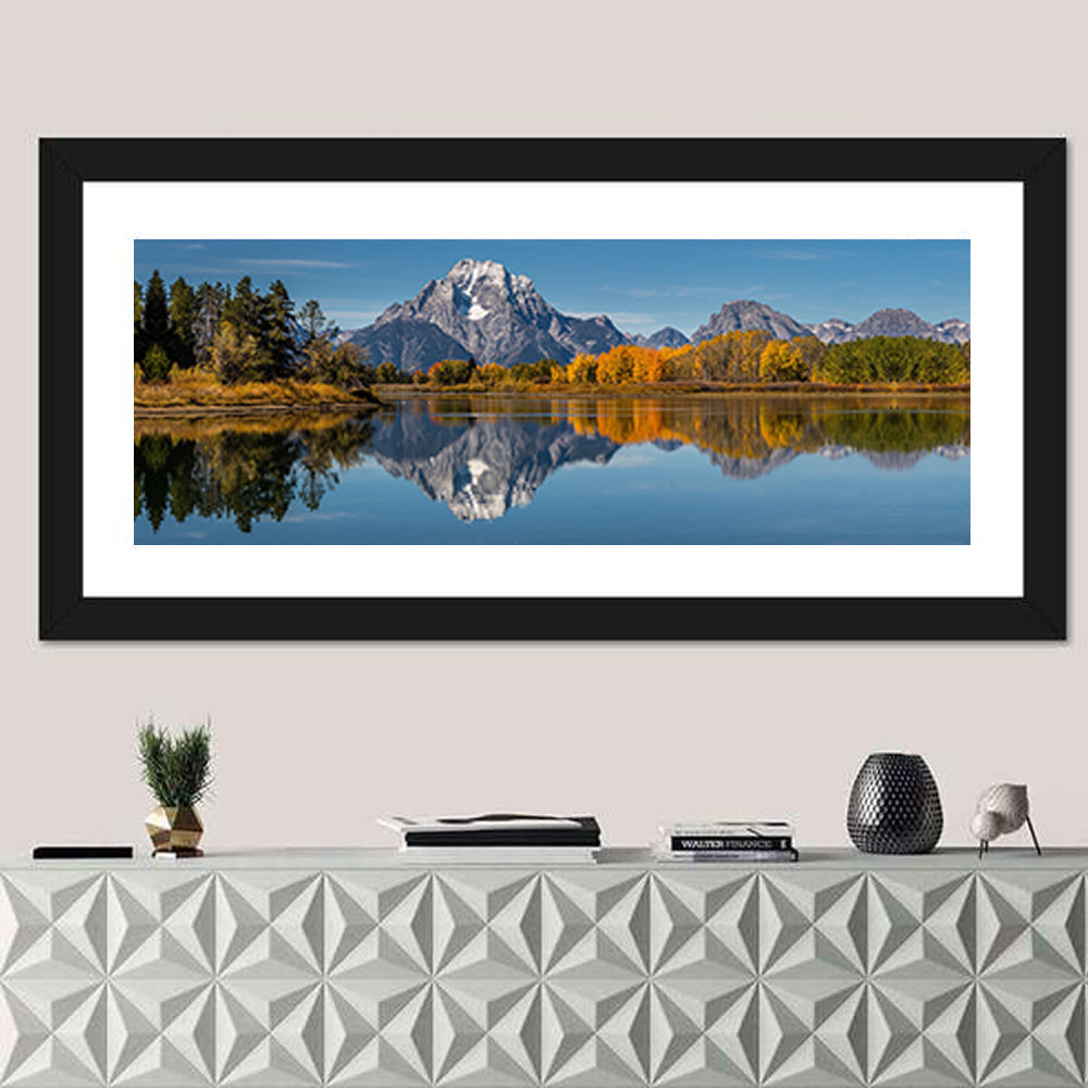 Mount Moran at Oxbow Bend, Wyoming Wall Art in a room, panoramic