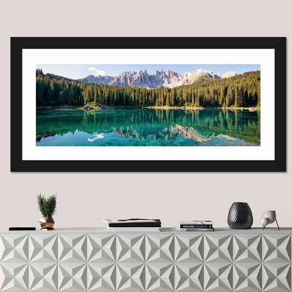Karer Lake in the Dolomites Wall Art in a room, panoramic
