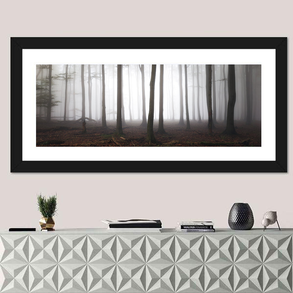 Misty Forest Perspective Wall Art in a room, panoramic