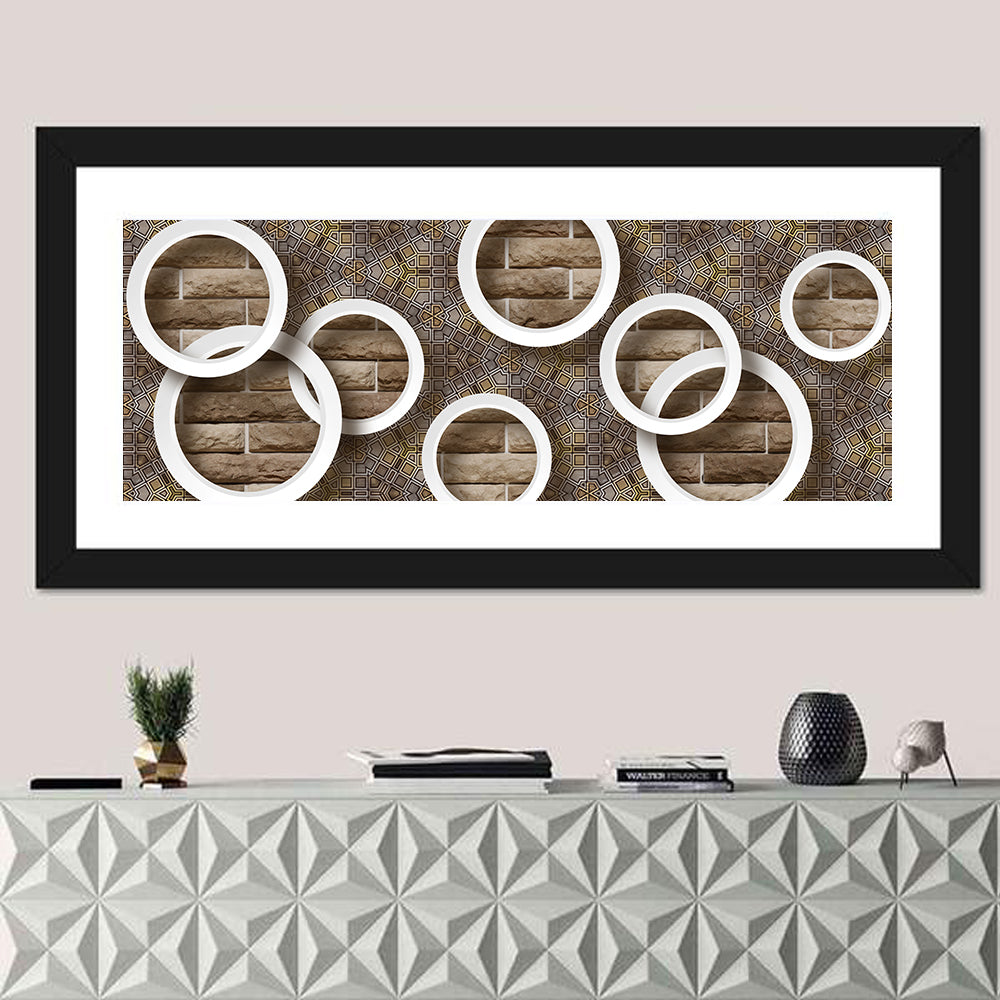 Flower Rings Over Brick and Tile Wall Art in a room, panoramic