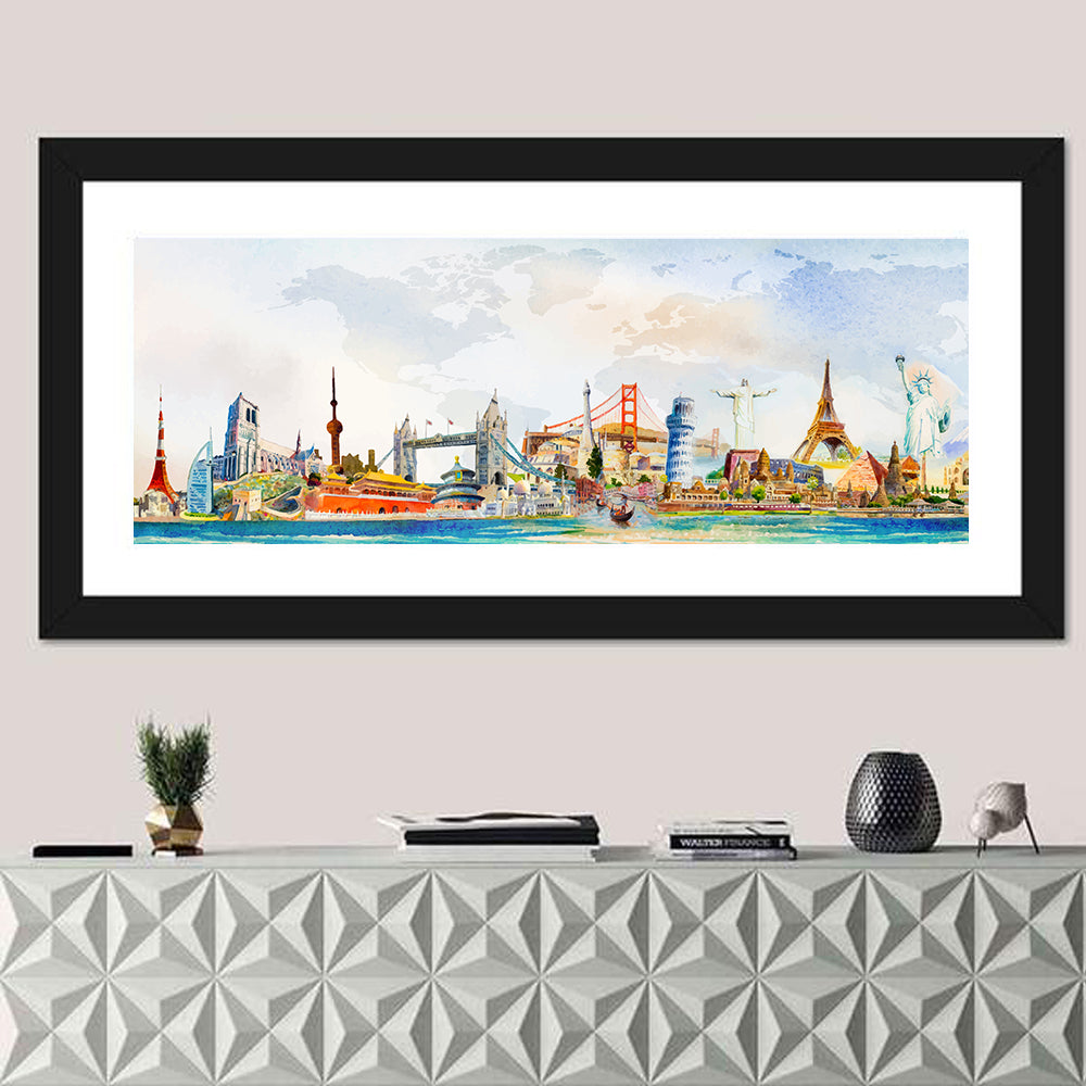 Watercolor World Landmarks Montage Wall Art in a room, panoramic