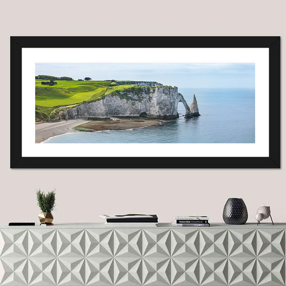 Étretat Porte D'aval Cliff Wall Art in a room, panoramic