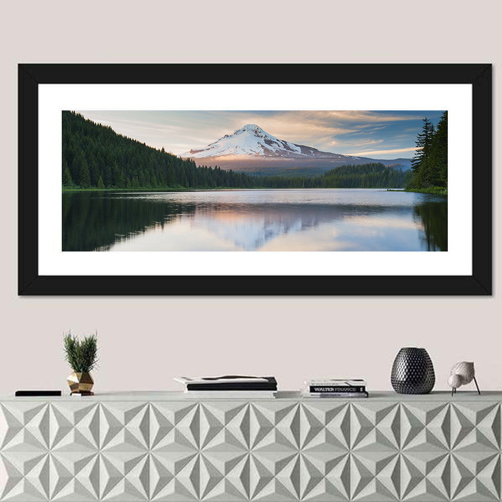Mount Hood Over Trillium Lake Wall Art in a room, panoramic