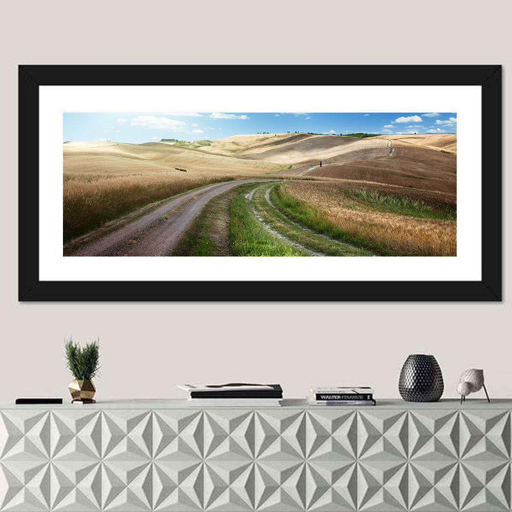 Dirt Road Through Tuscany Wall Art in a room, panoramic