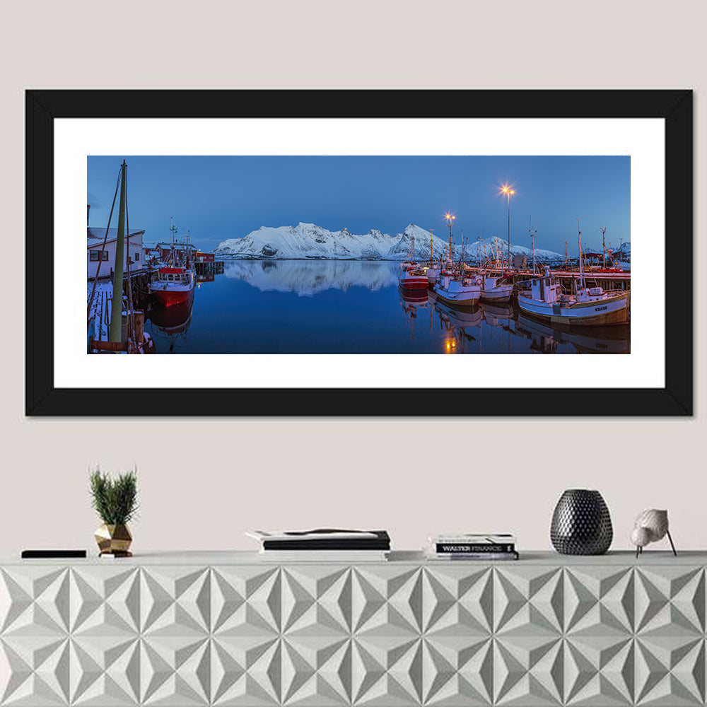 Lofoten Harbor at Dusk Wall Art in a room, panoramic