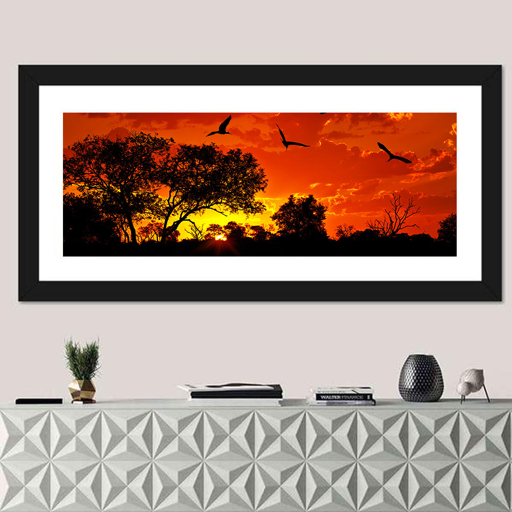 African Sunset Silhouette Wall Art in a room, panoramic