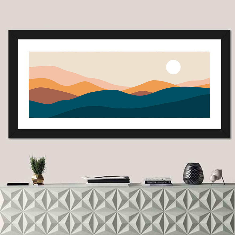 Mid Century Mountain Sunset Wall Art in a room, panoramic