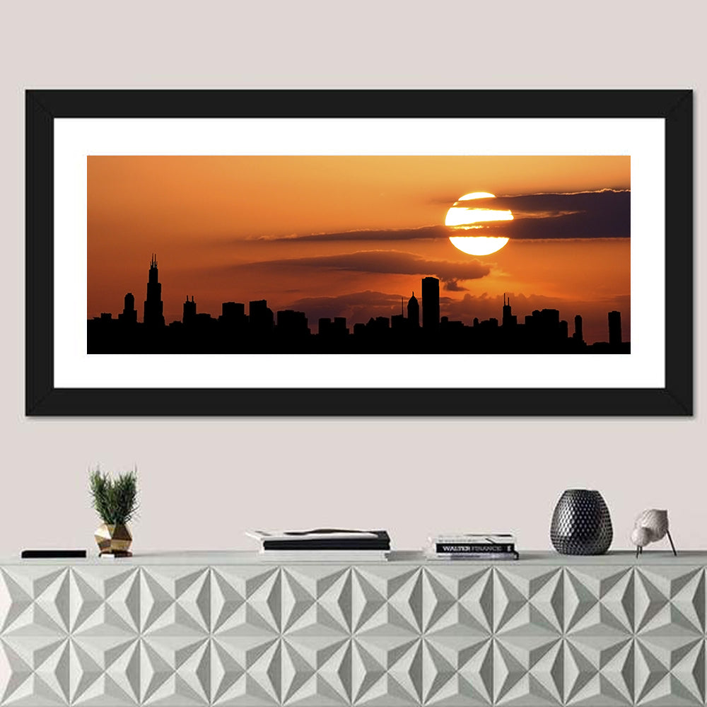 Chicago Skyline at Sunset Wall Art in a room, panoramic