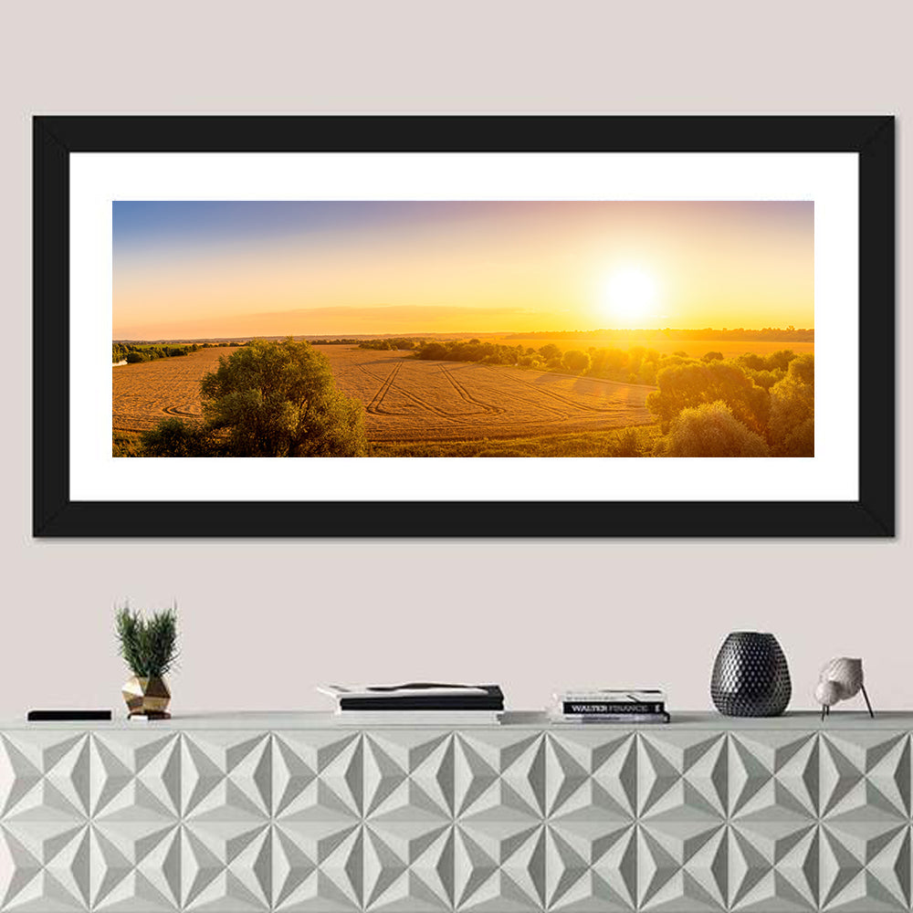 Golden Sunrise Over Wheat Field Wall Art in a room, panoramic