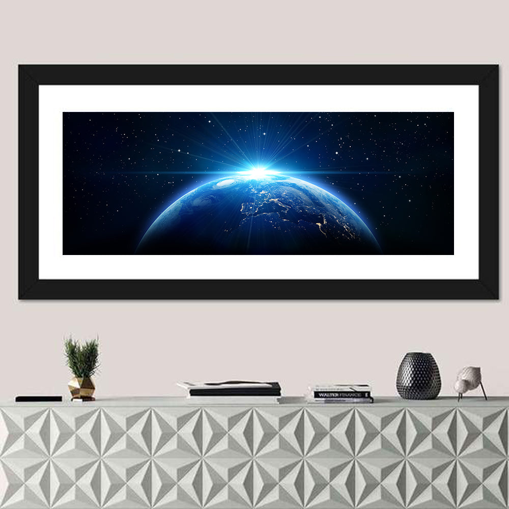 Planet Earth from Orbit Wall Art in a room, panoramic