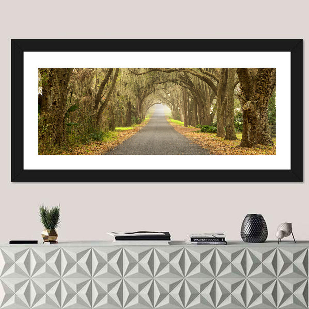 Spanish Moss Country Road Wall Art in a room, panoramic