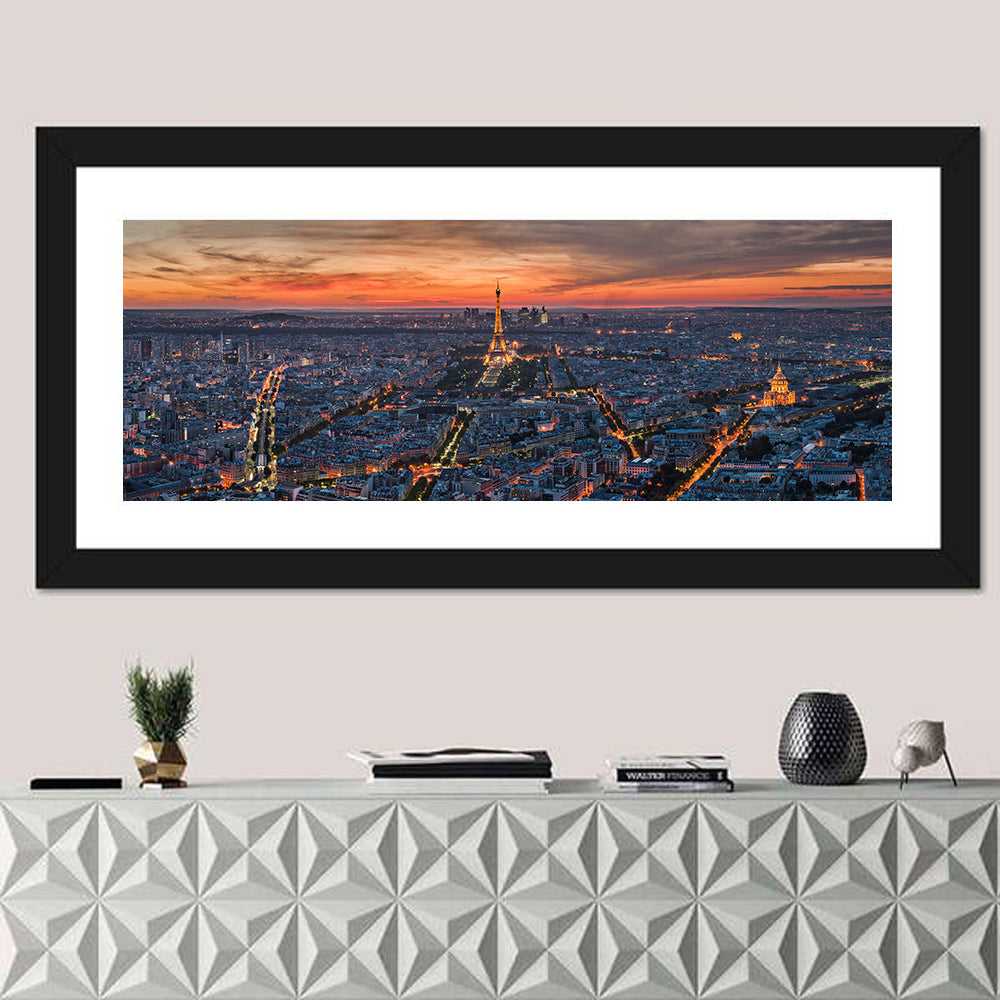Paris Night Skyline Wall Art in a room, panoramic